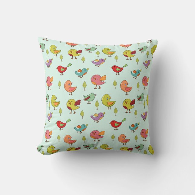 Cute Whimsical Hand-Drawn Birds Pattern Cushion (Front)