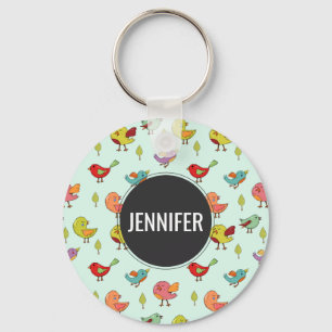 Cute Whimsical Hand-Drawn Birds Pattern Key Ring