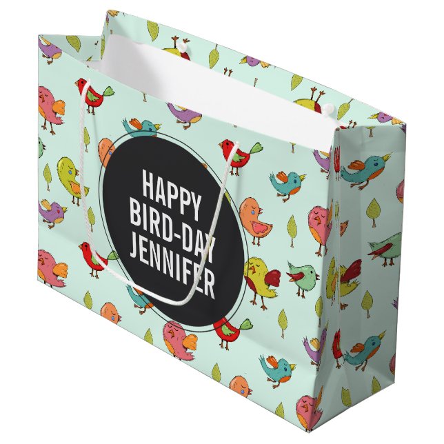 Cute Whimsical Hand-Drawn Birds Pattern Large Gift Bag (Front Angled)