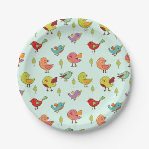 Cute Whimsical Hand-Drawn Birds Pattern Paper Plate