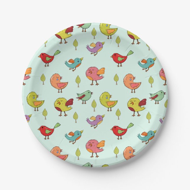 Cute Whimsical Hand-Drawn Birds Pattern Paper Plate (Front)