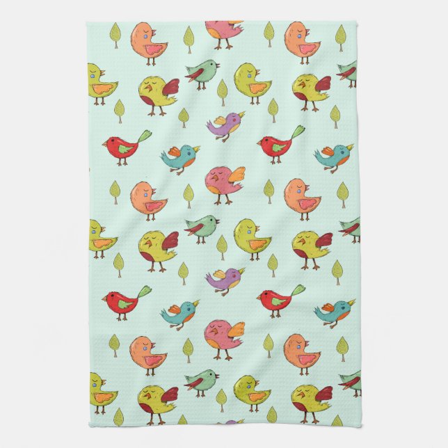 Cute Whimsical Hand-Drawn Birds Pattern Tea Towel (Vertical)