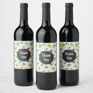 Cute Whimsical Hand-Drawn Birds Pattern Thank You Wine Label