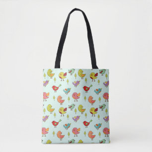 Cute Whimsical Hand-Drawn Birds Pattern Tote Bag