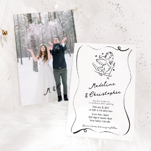 Cute Whimsical Hand Drawn Cupid Ski Photo Wedding Invitation