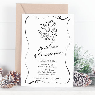 Cute Whimsical Hand Drawn Cupid Ski Winter Wedding Invitation