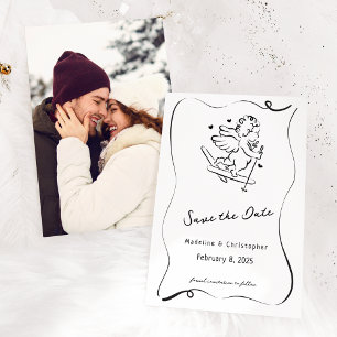 Cute Whimsical Hand Drawn Cupid Ski Winter Wedding Save The Date