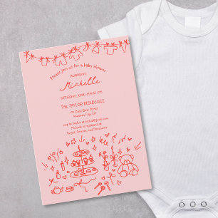 Cute Whimsical Hand Drawn Pink Red Baby Shower Invitation