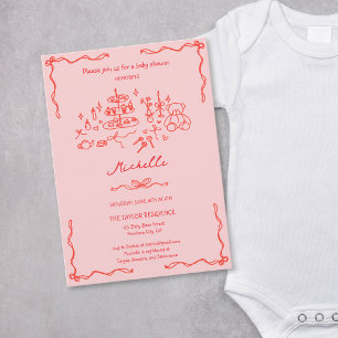Cute Whimsical Hand Drawn Red Pink Baby Shower Invitation