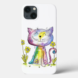 Cute Whimsical Happy Cat with Yellow Flower iPhone 13 Case
