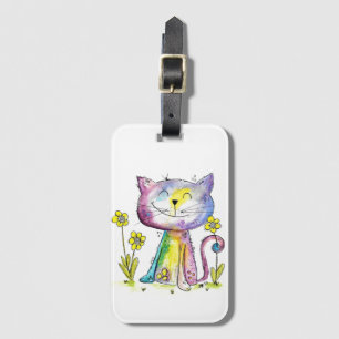 Cute Whimsical Happy Cat with Yellow Flower Luggage Tag