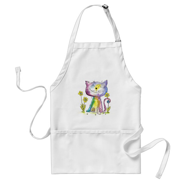 Cute Whimsical Happy Cat with Yellow Flower Standard Apron (Front)