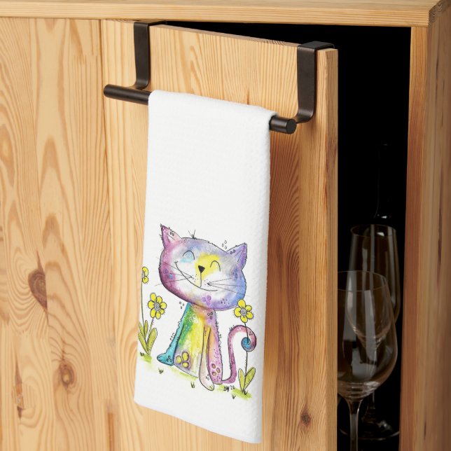 Cute Whimsical Happy Cat with Yellow Flower Tea Towel (Thirds Fold)