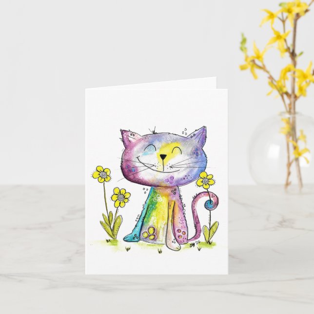 Cute Whimsical Happy Cat with Yellow Flowers Card (Yellow Flower)