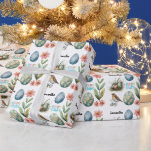 Cute Whimsical Happy Easter Eggs Customized Name Wrapping Paper