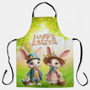 Cute, Whimsical Happy Easter with 2 rabbits Apron