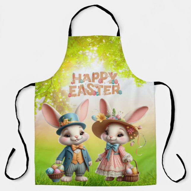 Cute, Whimsical Happy Easter with 2 rabbits Apron (Front)