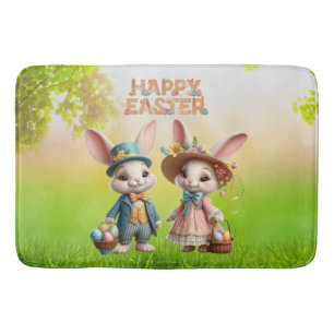 Cute, Whimsical Happy Easter with 2 rabbits Bath Mat