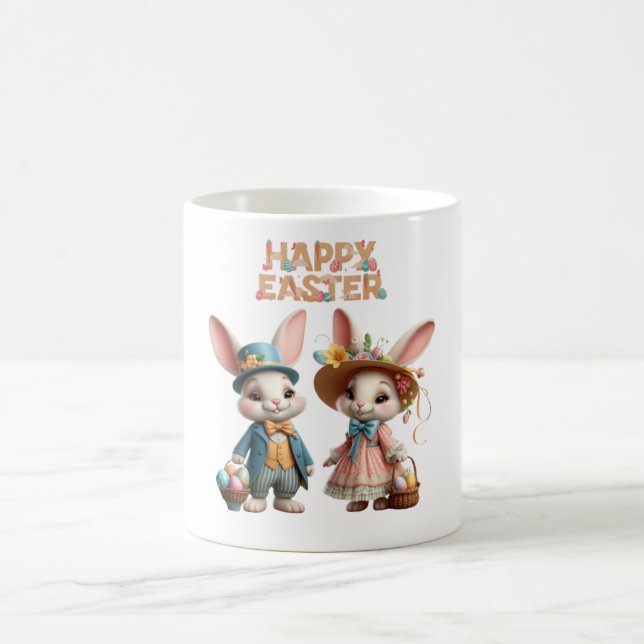 Cute, Whimsical Happy Easter with 2 rabbits Coffee Mug (Center)