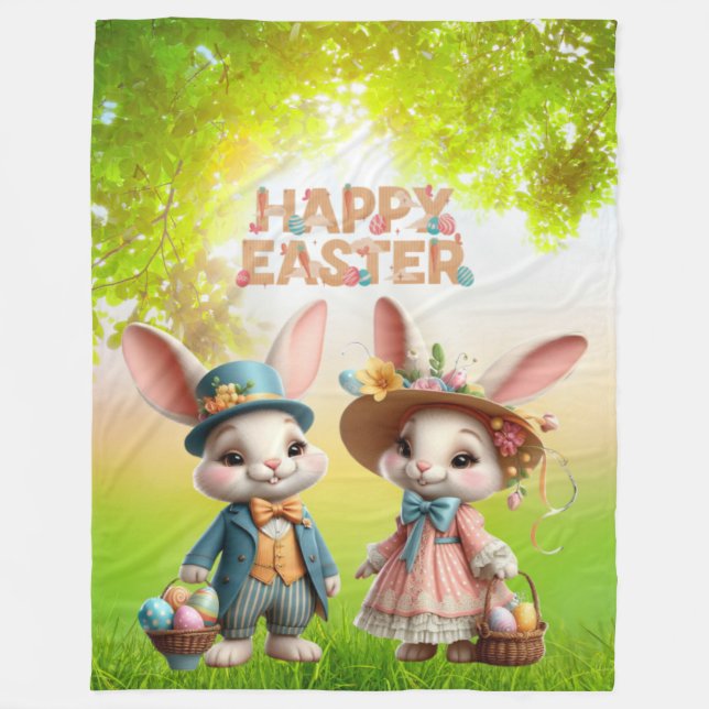 Cute, Whimsical Happy Easter with 2 rabbits Fleece Blanket (Front)