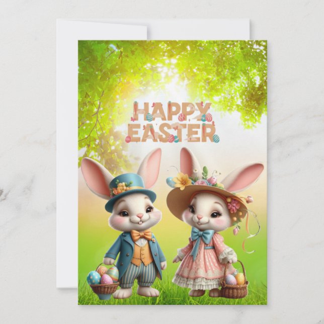 Cute, Whimsical Happy Easter with 2 rabbits Holiday Card (Front)
