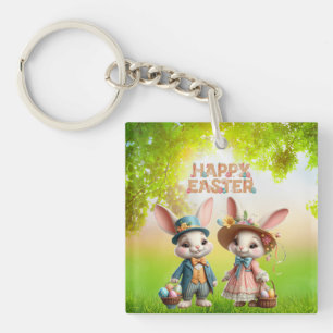 Cute, Whimsical Happy Easter with 2 rabbits Key Ring