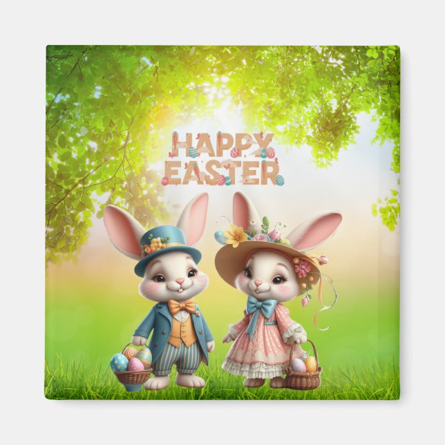 Cute, Whimsical Happy Easter with 2 rabbits Magnet (Front)