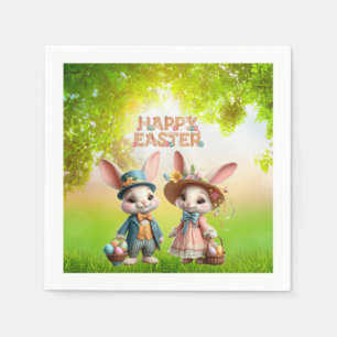 Cute, Whimsical Happy Easter with 2 rabbits Napkin