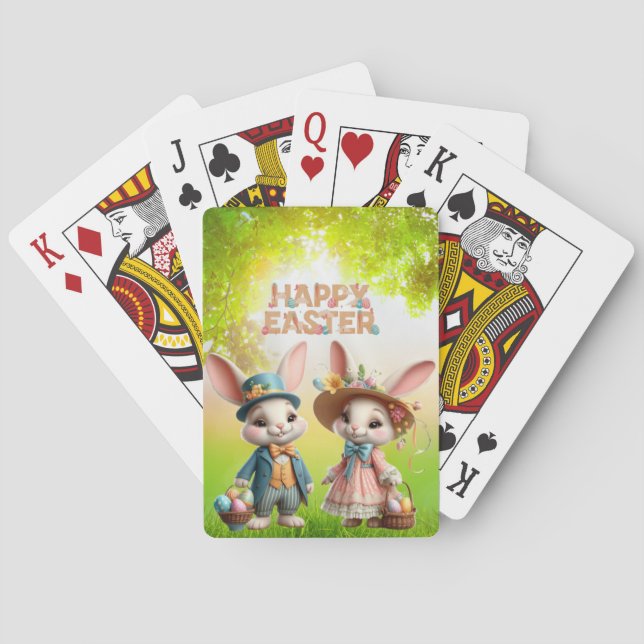 Cute, Whimsical Happy Easter with 2 rabbits Playing Cards (Back)