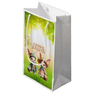 Cute, Whimsical Happy Easter with 2 rabbits Small Gift Bag