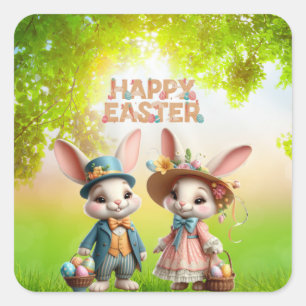 Cute, Whimsical Happy Easter with 2 rabbits Square Sticker