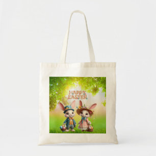 Cute, Whimsical Happy Easter with 2 rabbits Tote Bag
