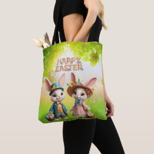 Cute, Whimsical Happy Easter with 2 rabbits Tote Bag