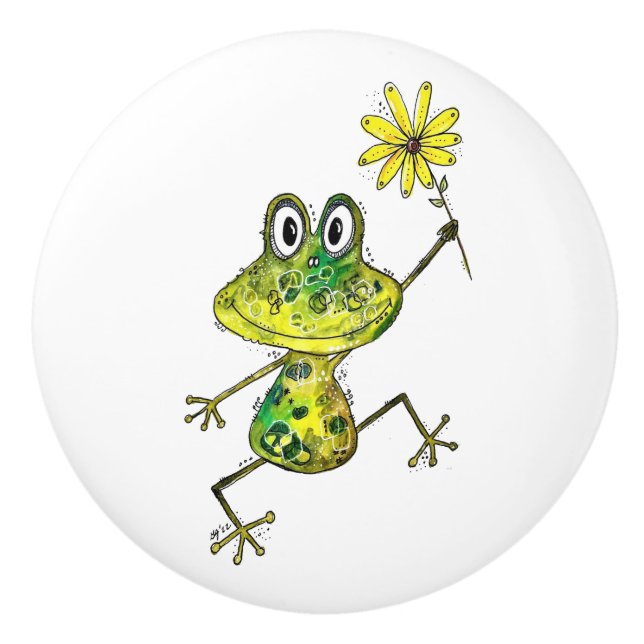 Cute Whimsical Happy Frog Ceramic Knob (Front)