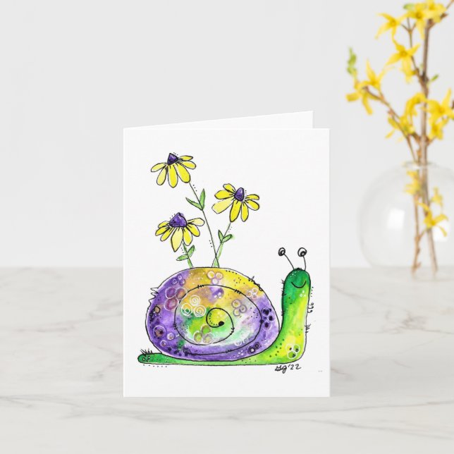 Cute Whimsical Happy Snail with Yellow Flowers Card (Yellow Flower)