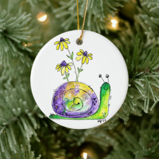 Cute Whimsical Happy Snail with Yellow Flowers Ceramic Tree Decoration