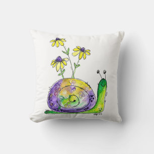 Cute Whimsical Happy Snail with Yellow Flowers Cushion