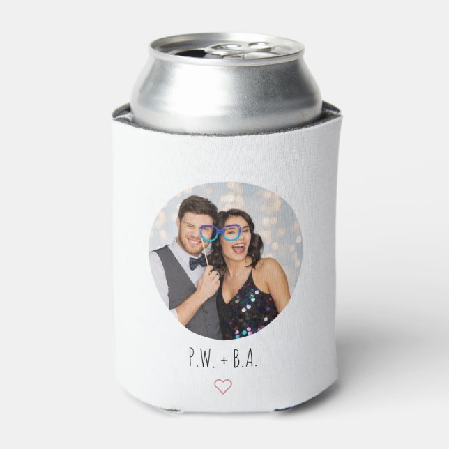 Cute Whimsical Heart Monogram Wedding Photo Can Cooler (Can Front)