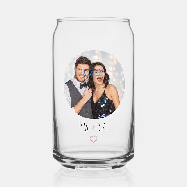 Cute Whimsical Heart Monogram Wedding Photo Can Glass (Front)