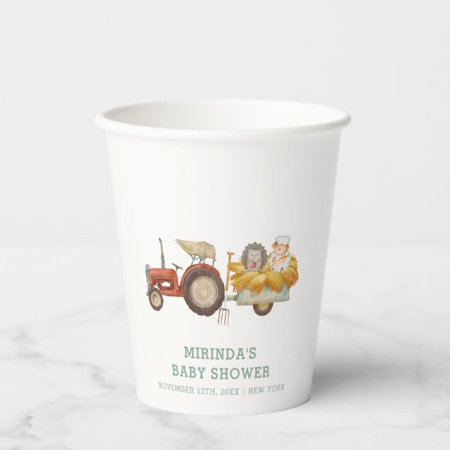 Cute Whimsical Hedgehog Farm Tractor Baby Shower  Paper Cups (Front)