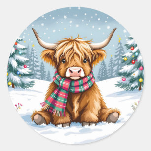 Cute Whimsical Highland Cow Christmas Classic Round Sticker