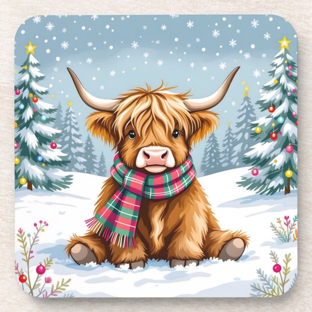 Cute Whimsical Highland Cow Christmas Coaster (Front)