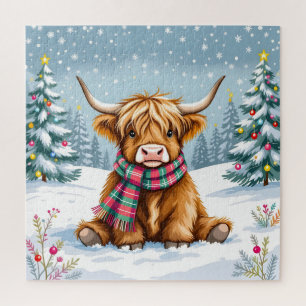 Cute Whimsical Highland Cow Christmas Jigsaw Puzzle