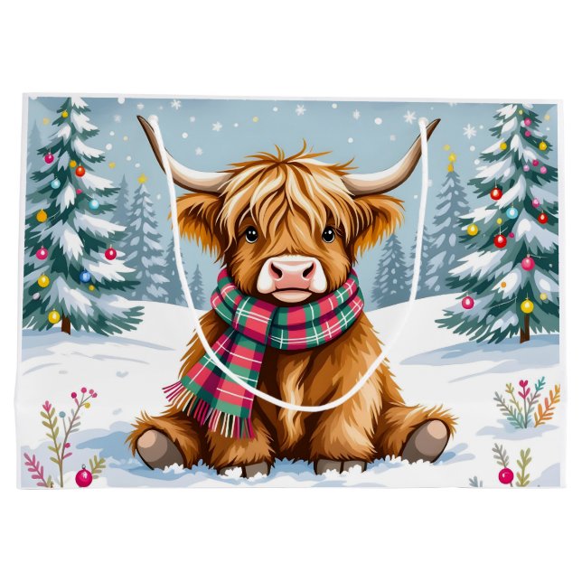 Cute Whimsical Highland Cow Christmas Large Gift Bag (Back)