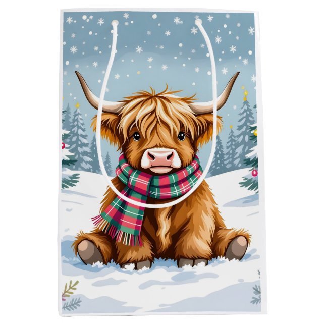 Cute Whimsical Highland Cow Christmas Medium Gift Bag (Front)