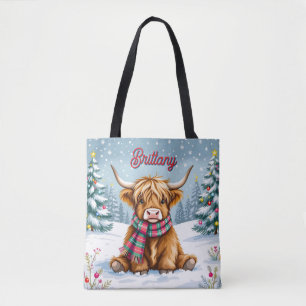 Cute Whimsical Highland Cow Christmas Personalized Tote Bag