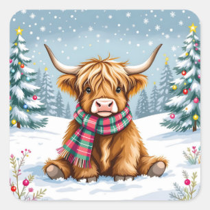 Cute Whimsical Highland Cow Christmas Square Sticker