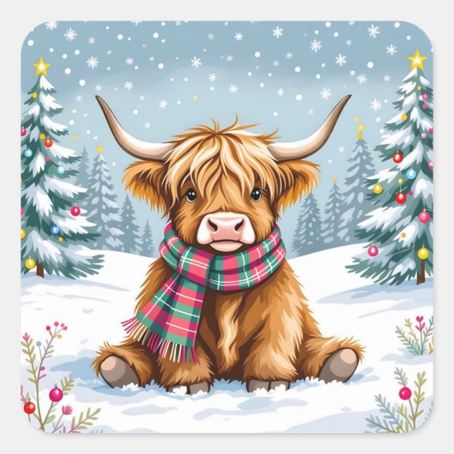 Cute Whimsical Highland Cow Christmas Square Sticker (Front)