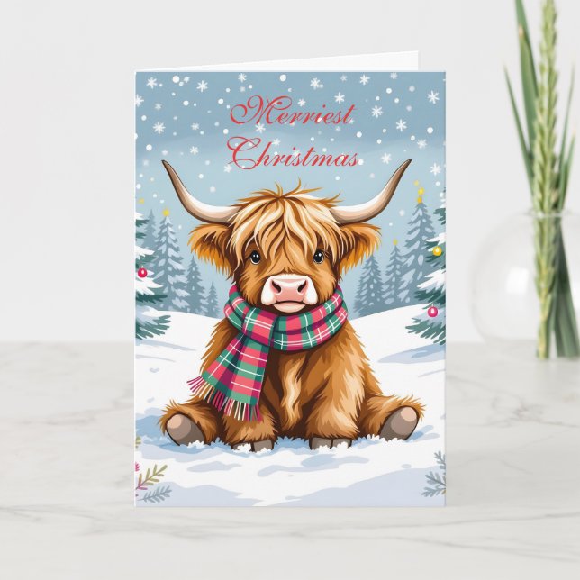 Cute Whimsical Highland Cow Personalised Christmas Card (Front)