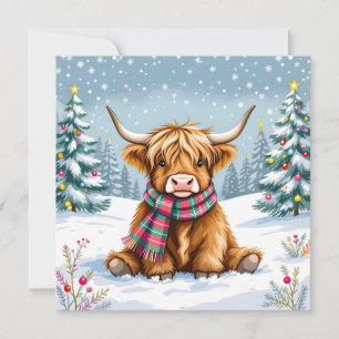 Cute Whimsical Highland Cow Personalised Christmas Card